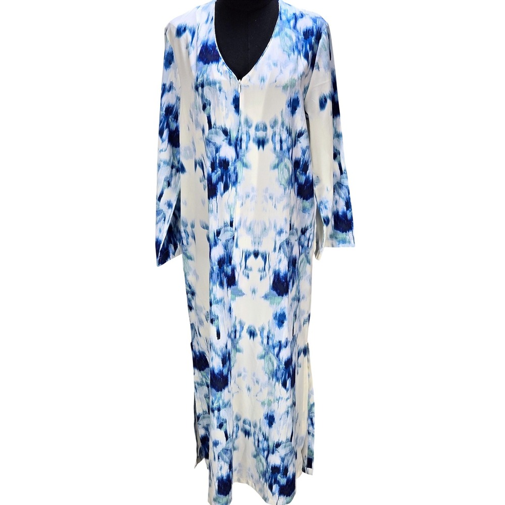 Women's Oscar de la Renta Small Blue Watercolor Print Maxi Full Zip Caftan